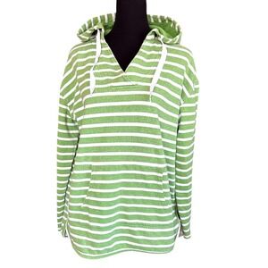 Orvis Green & Ivory Striped 100% Cotton Pullover Curved Hem Hoodie, Large, Cozy